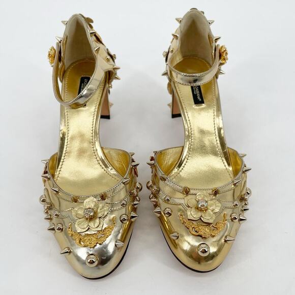 Dolce & Gabbana Metallic Gold Vally Flower Spike Studded Block Heel IT 39.5 - Picture 5 of 12